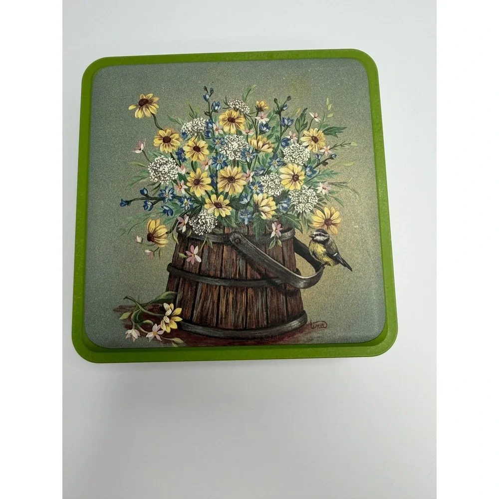Vintage Cookie Tin Cottagecore Floral Daisies Bird 6